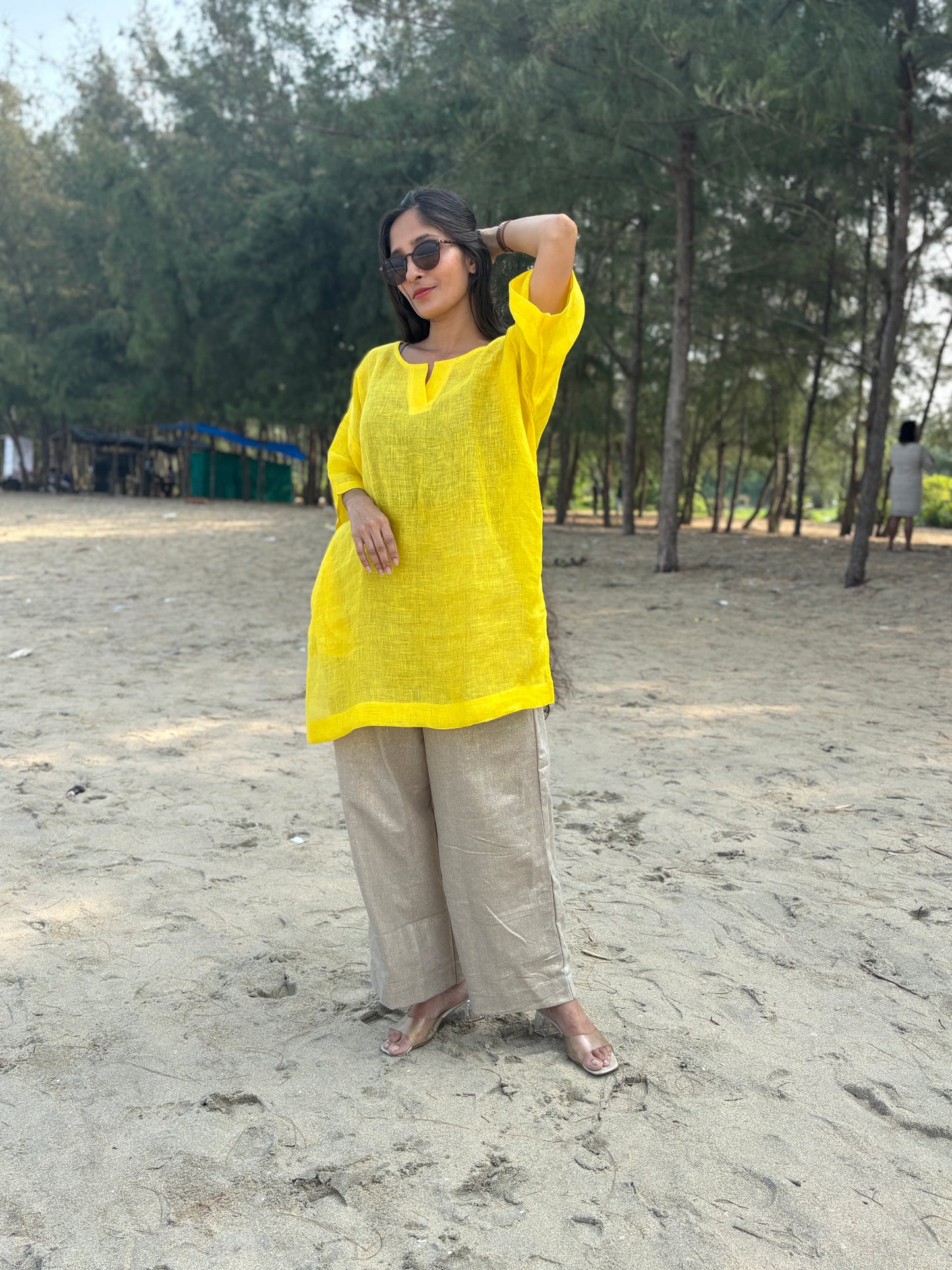 Luxury Sunlit Yellow Linen Tunic with Bottom