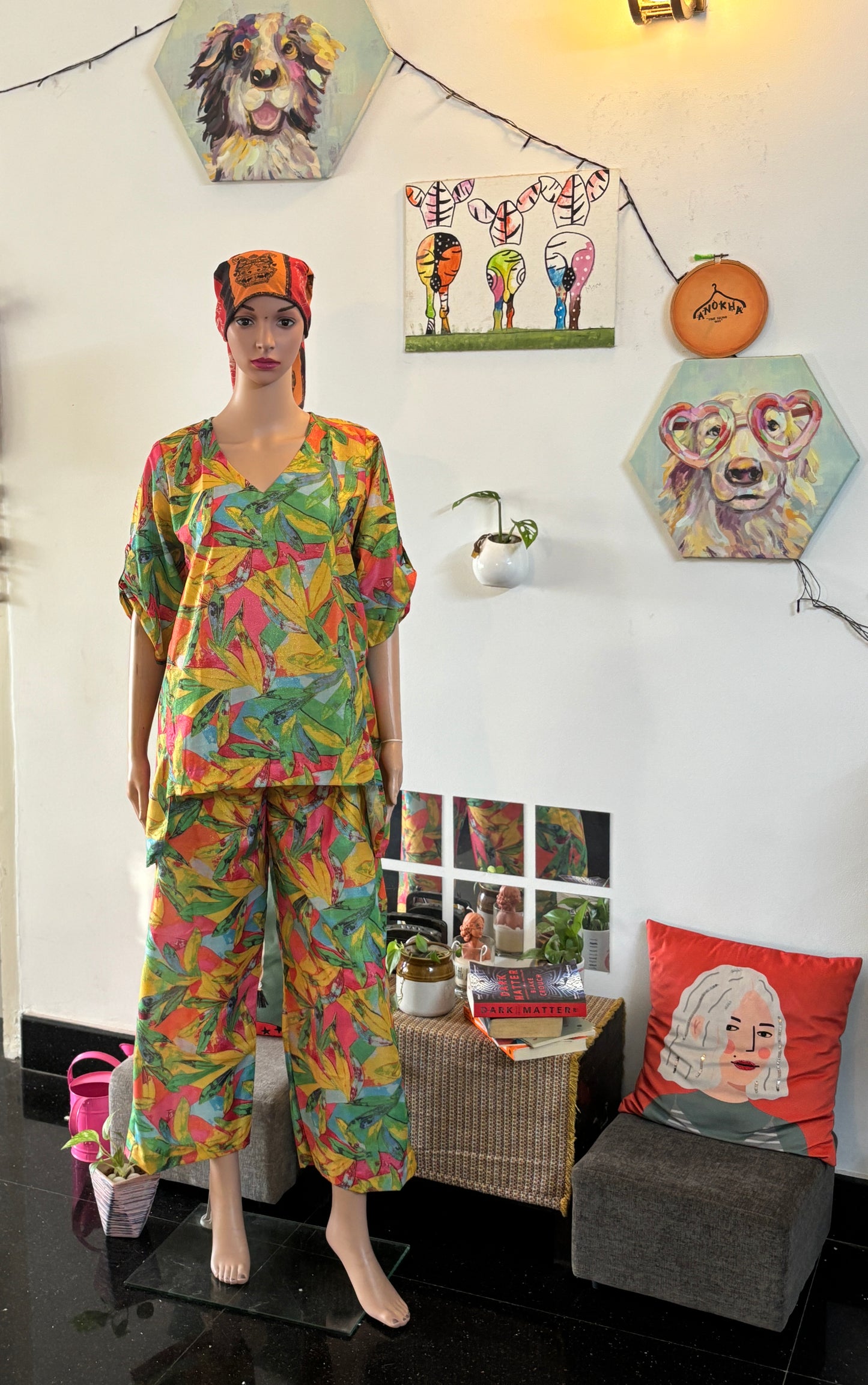 Luxury Short Coord Set - Leaf Print Multicolour Shimmer Viscose Rayon