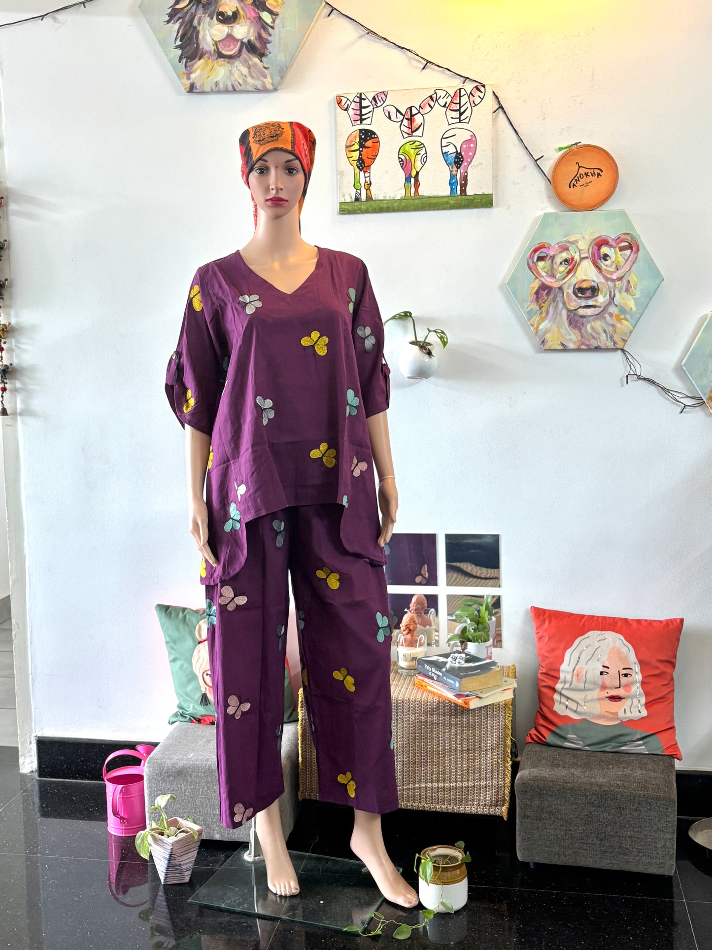 Luxury Short Coord Set - Purple Butterfly Embroidered Cotton