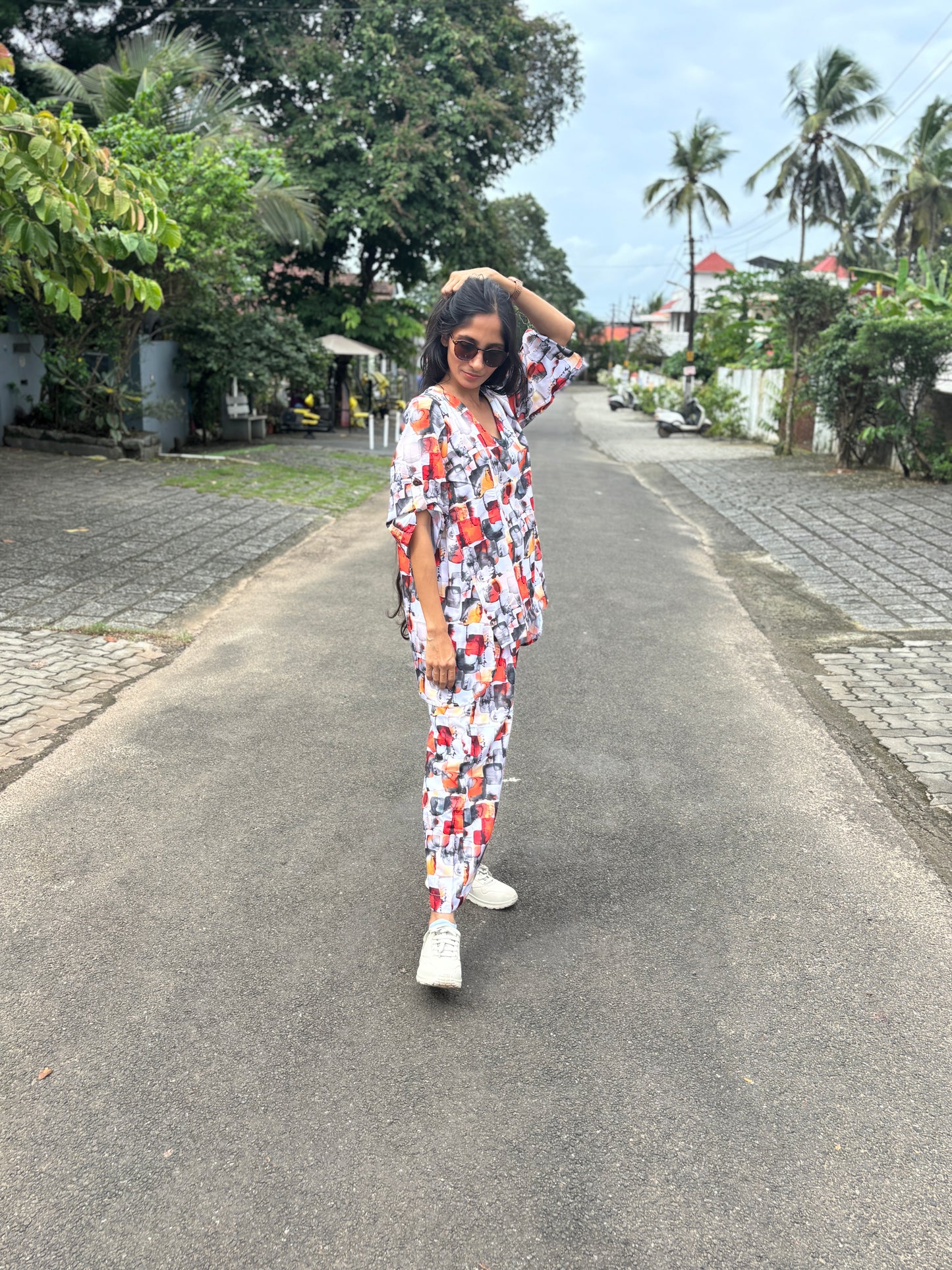 Luxury Short Coord Set - Silver Abstract Print Viscose Rayon