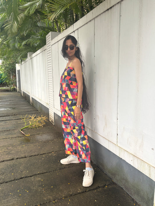 Anokha Strappy Ethnic Crop Top Coord - Geometric Design Multicolour Muslin Silk
