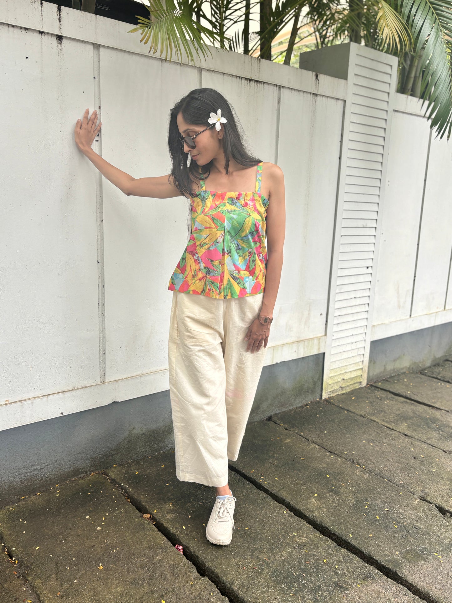 Anokha Strappy Ethnic Crop Top - Leaf Print Multicolour Shimmer Viscose Rayon