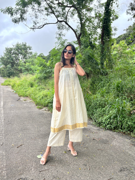 Anokha Strappy Ethnic Flared Long Top & Bottom - Golden Striped Handloom Cotton