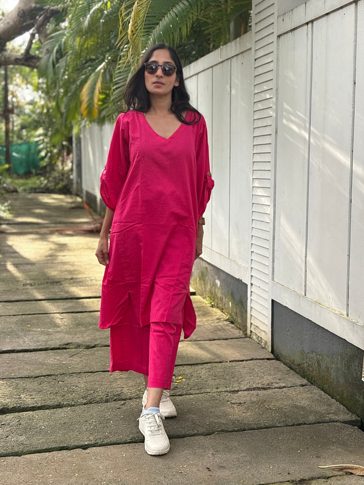 Luxury Long Kurthi Coord Set - Hot Pink Cotton Linen