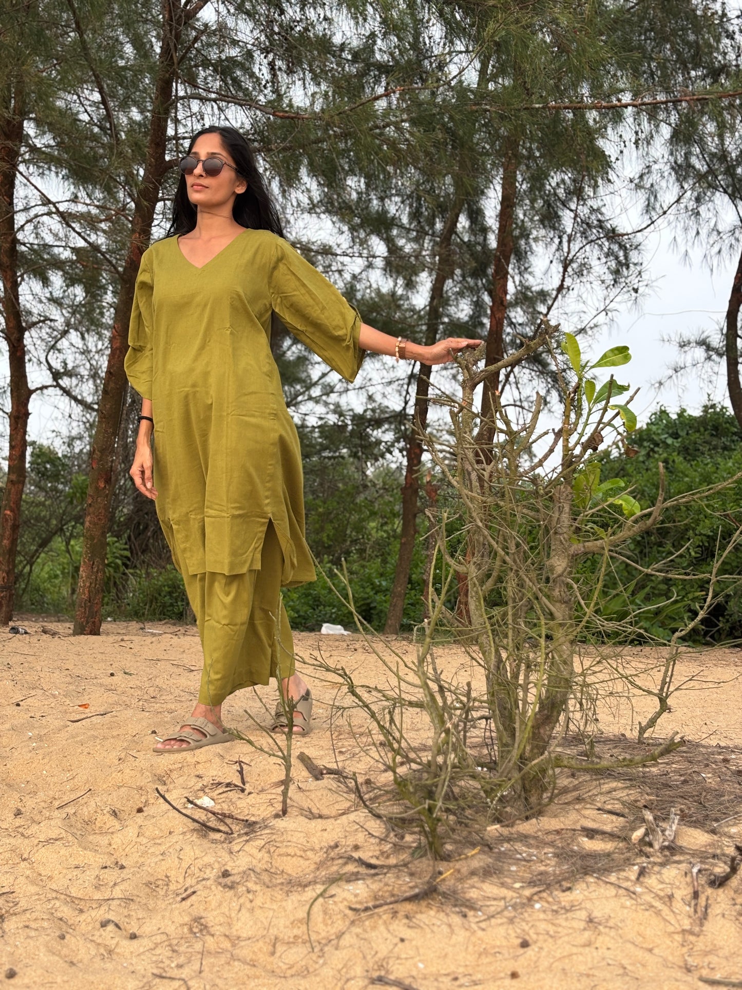 Luxury Long Kurthi Coord Set - Olive Green Cotton Linen