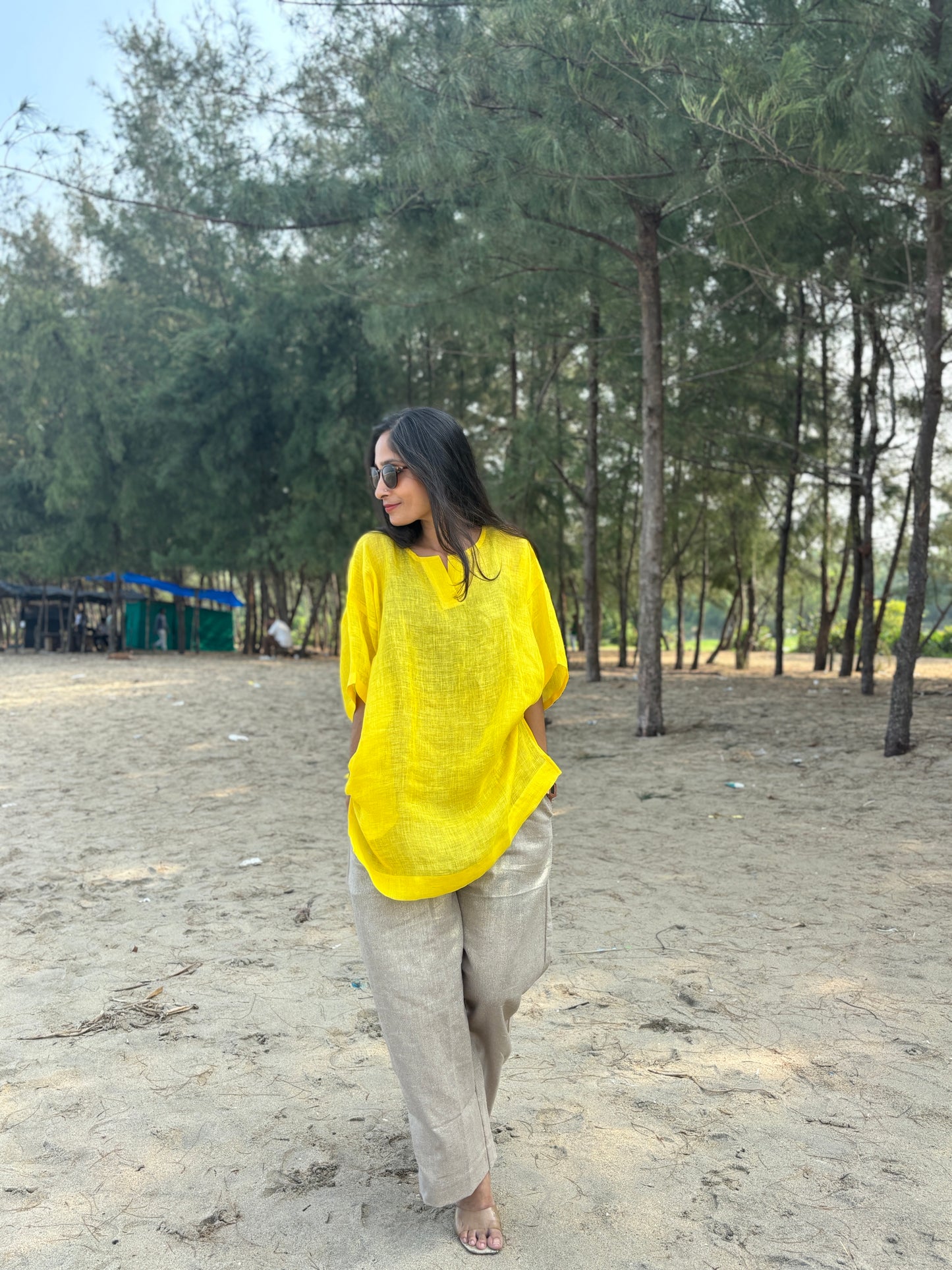 Luxury Sunlit Yellow Linen Tunic with Bottom
