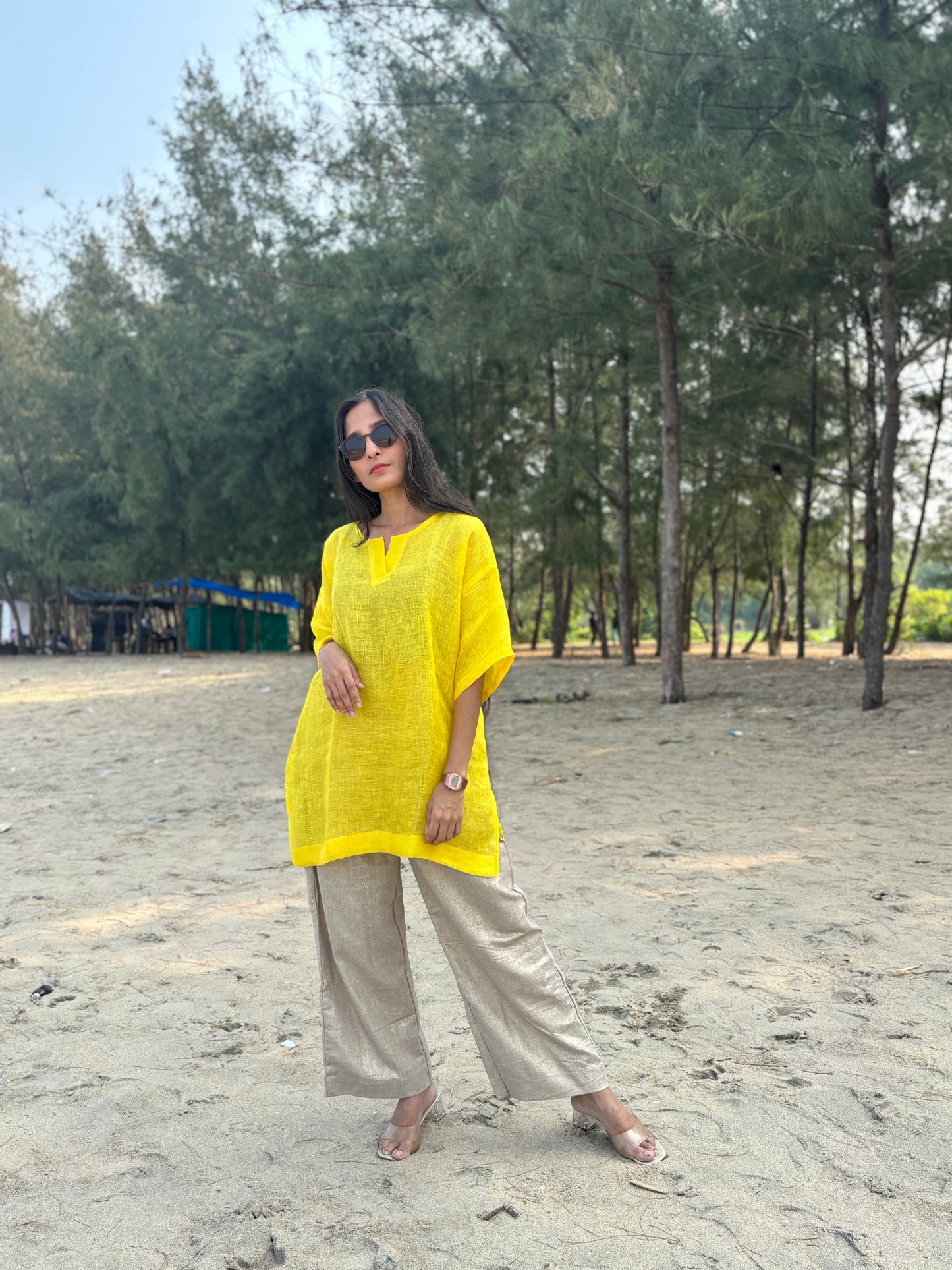Luxury Sunlit Yellow Linen Tunic with Bottom