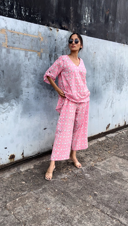 Luxury Short Coord Set -Vibrant Pink Premium Cotton Animal Print