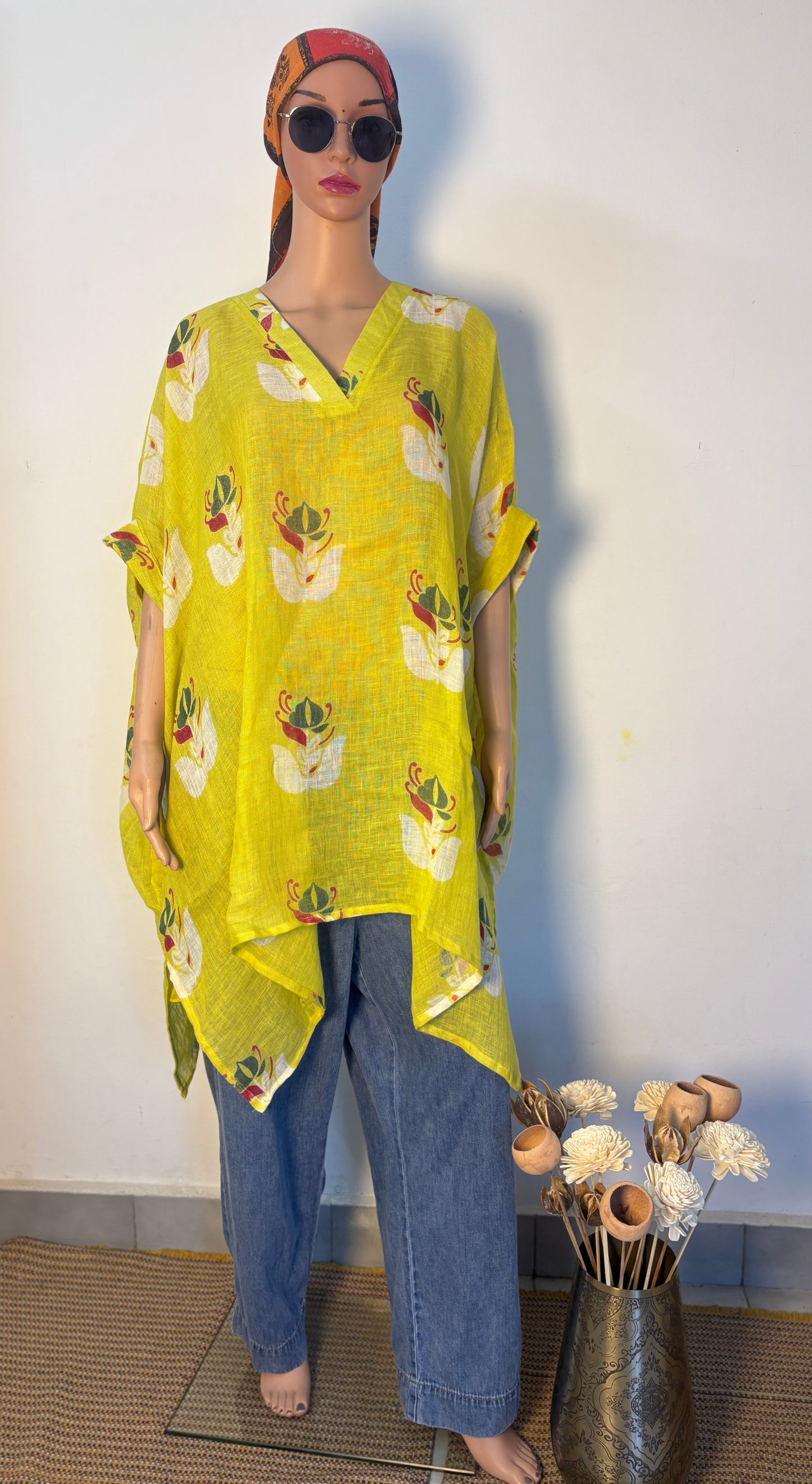 Anokha Linen Natural Print Caftan Dress