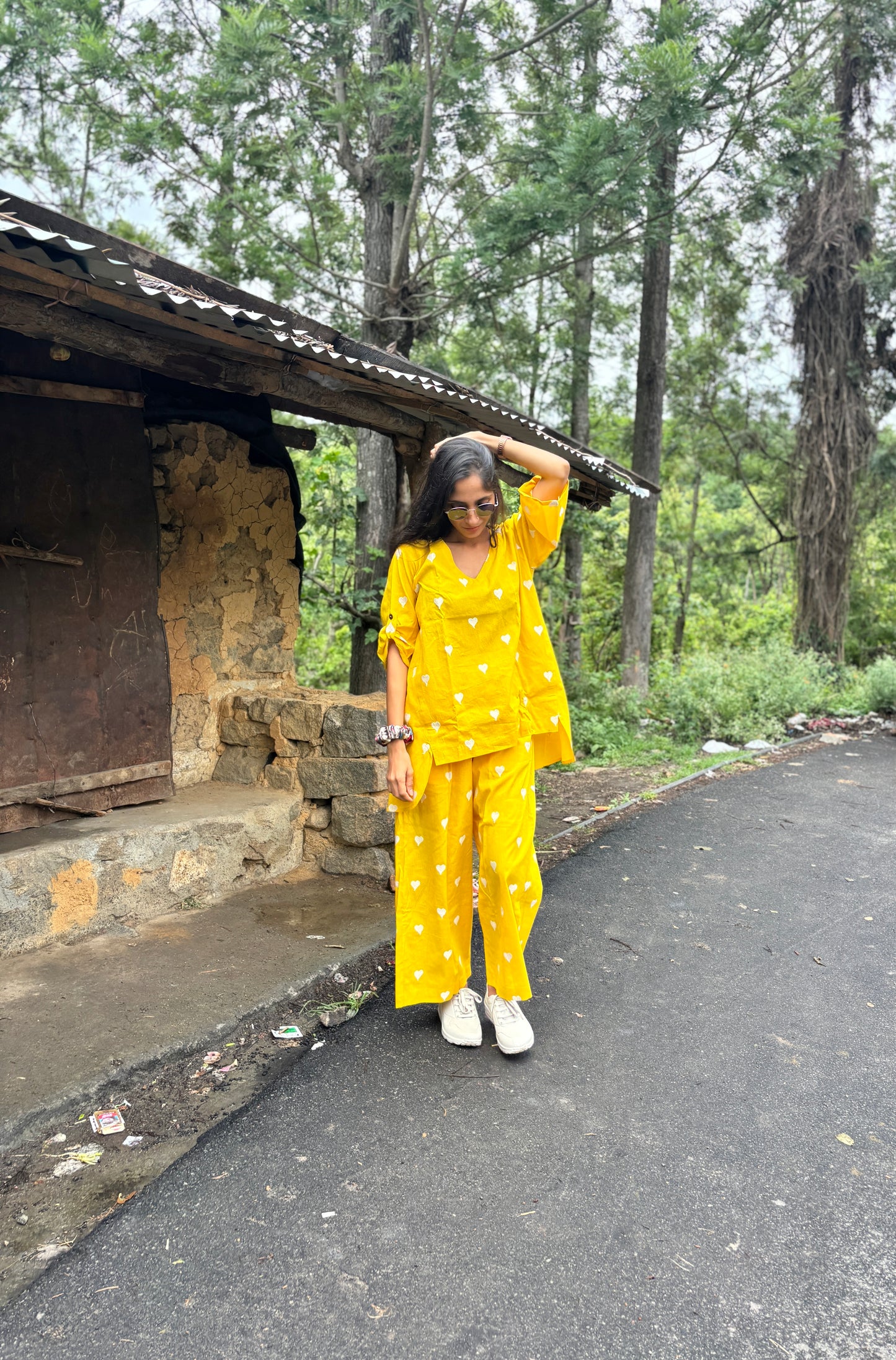 Luxury Short Coord Set - Heart Embroidered Mango Yellow Cotton