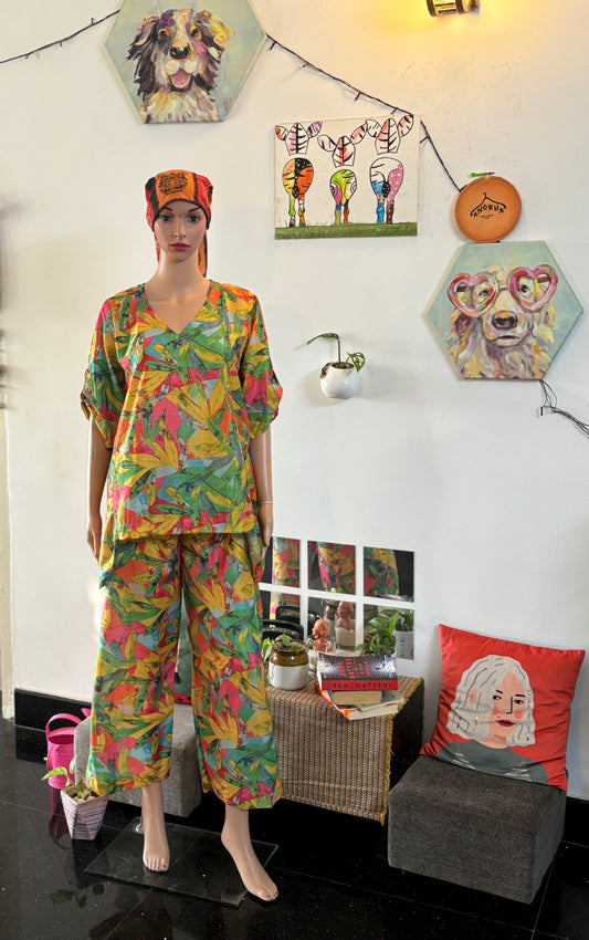 Luxury Short Coord Set -  Leaf Print Multicolour Shimmer Viscose Rayon
