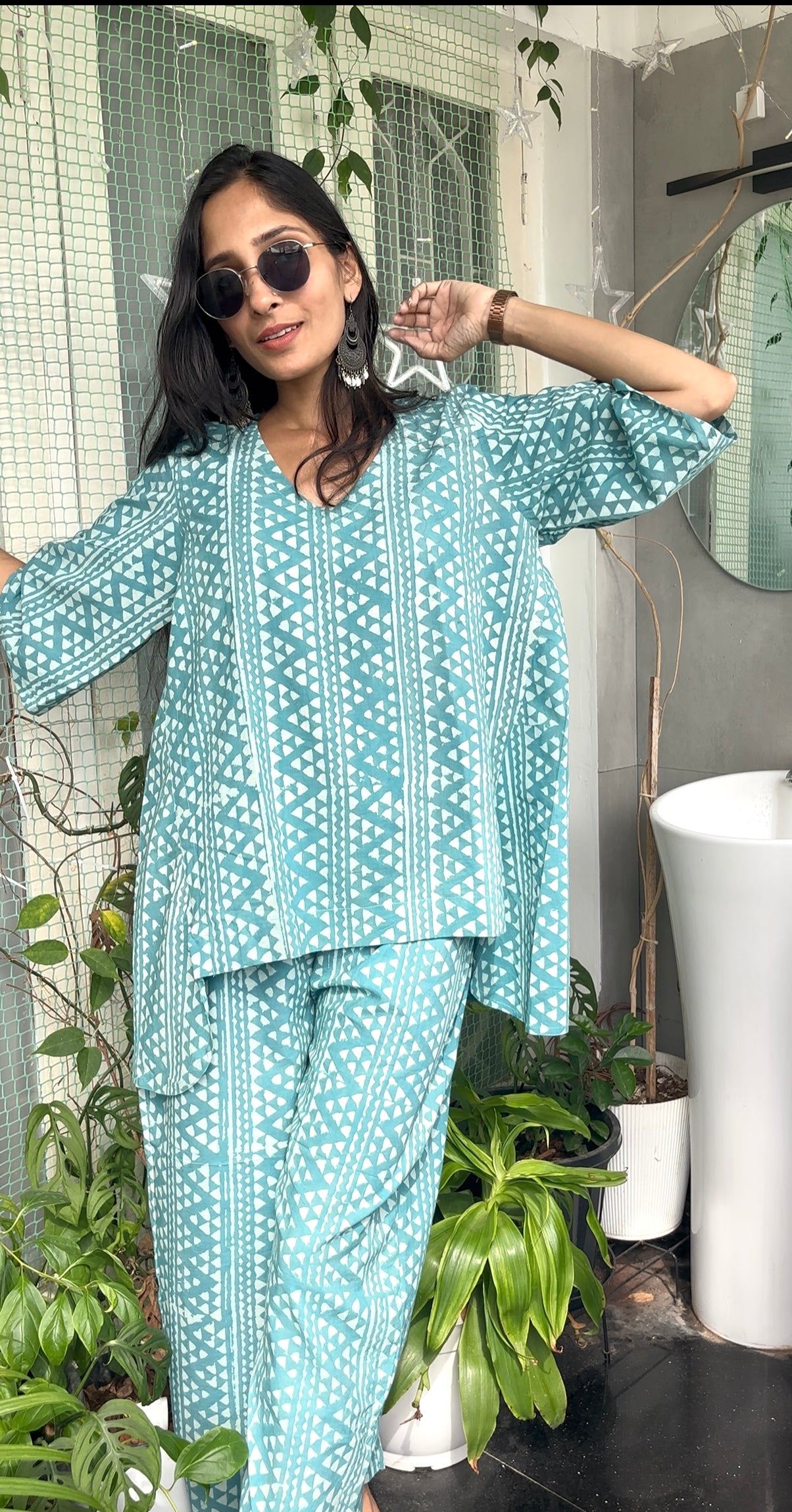Luxury Short Coord Set -Teal Blue Ajrakh Cotton