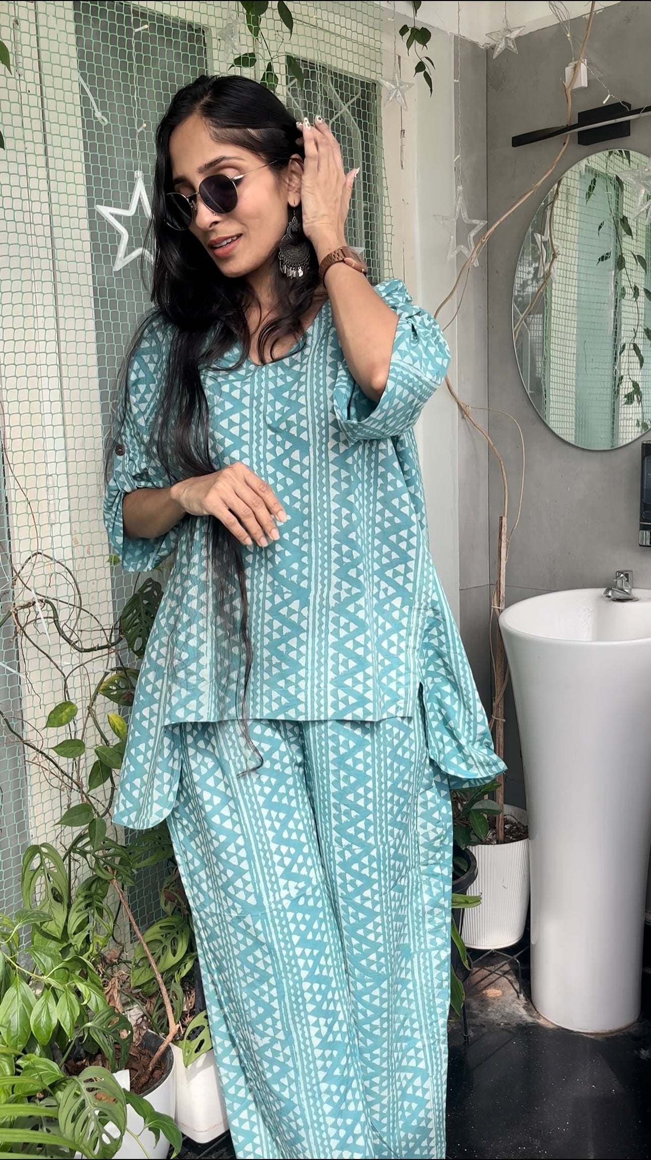 Luxury Short Coord Set -Teal Blue Ajrakh Cotton