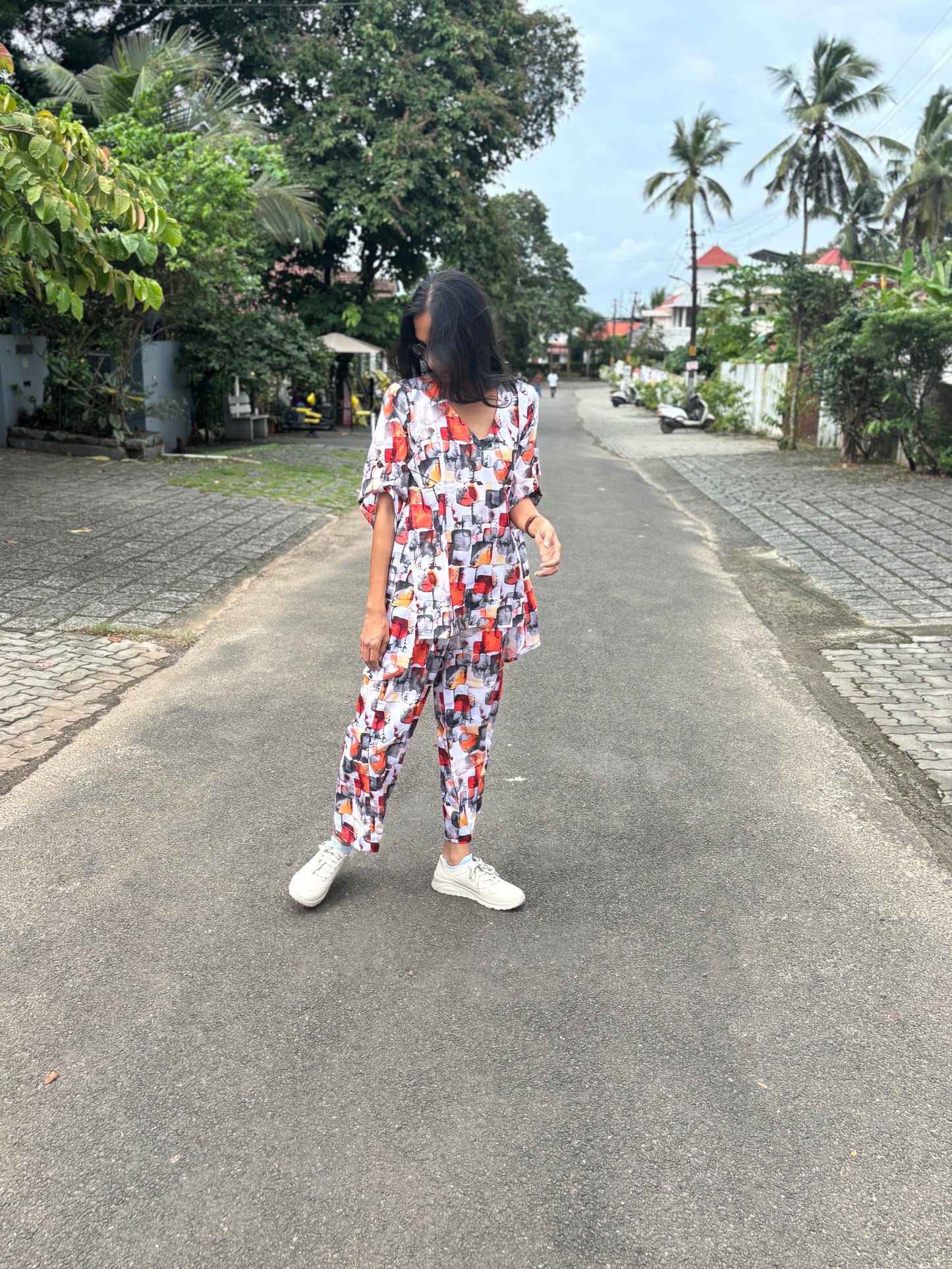 Luxury Short Coord Set - Silver Abstract Print Viscose Rayon