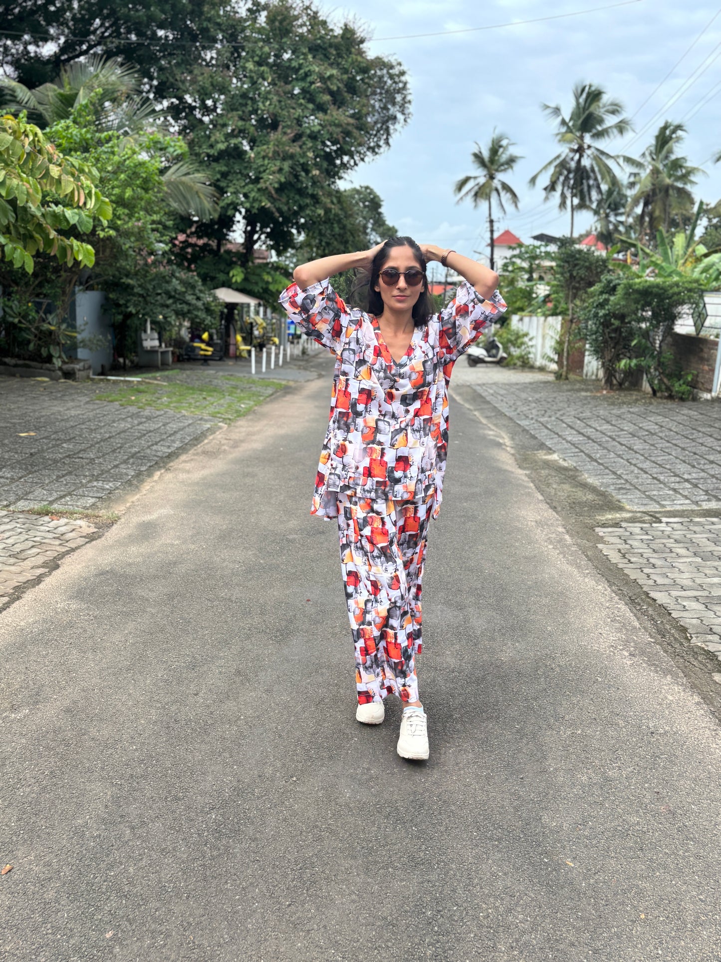 Luxury Short Coord Set - Silver Abstract Print Viscose Rayon