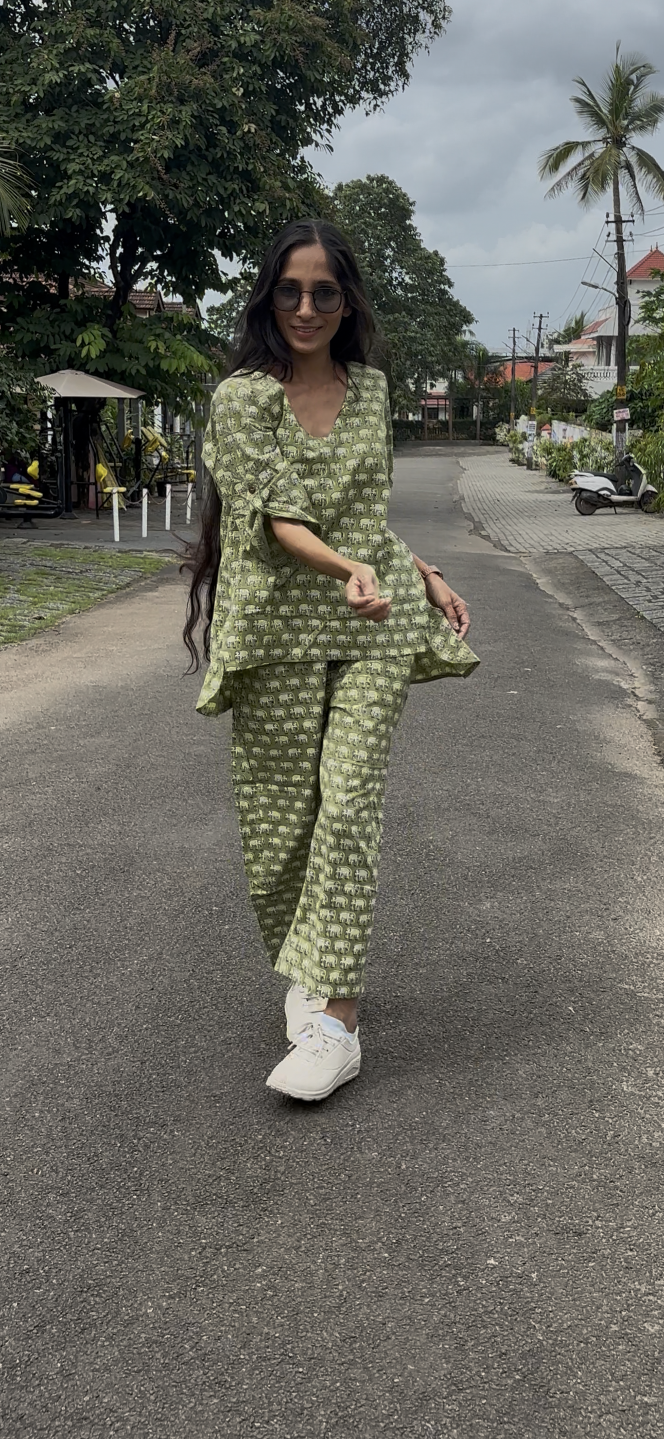 Luxury Short Coord Set -Olive Green Premium Cotton Animal Print