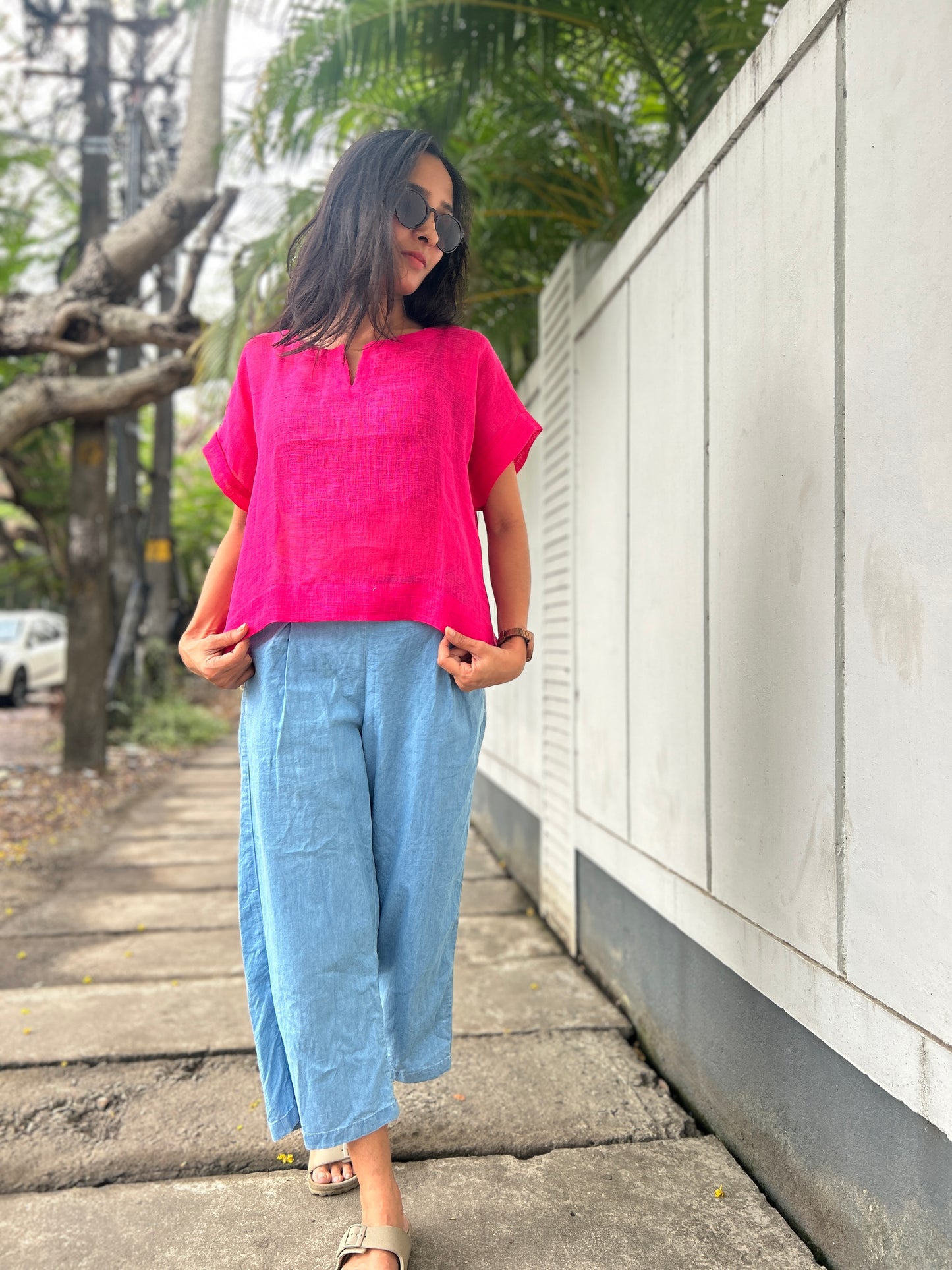Luxury  Caftan Croptop - Hot Pink Premium Linen
