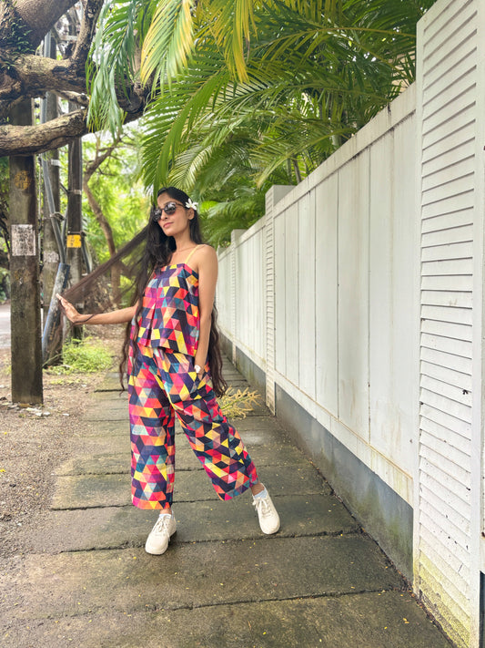 Anokha Strappy Ethnic Crop Top Coord - Geometric Design Multicolour Muslin Silk