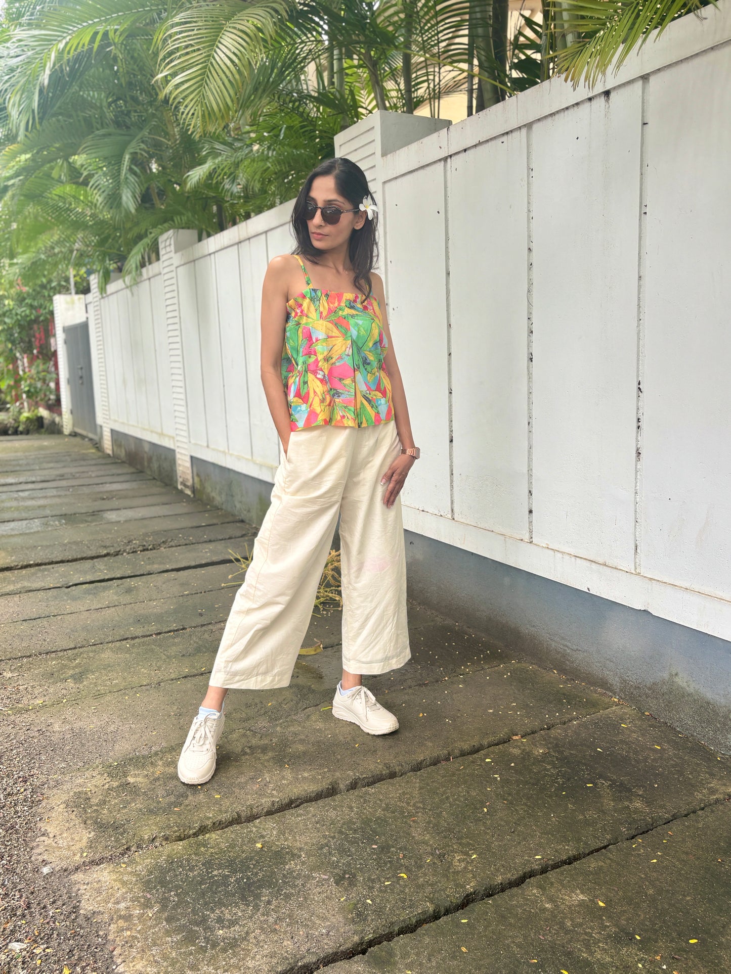 Anokha Strappy Ethnic Crop Top - Leaf Print Multicolour Shimmer Viscose Rayon