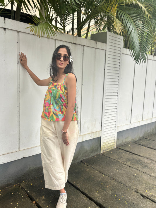Anokha Strappy Ethnic Crop Top - Leaf Print Multicolour Shimmer Viscose Rayon