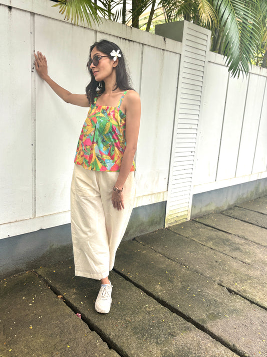 Anokha Strappy Ethnic Crop Top - Leaf Print Multicolour Shimmer Viscose Rayon
