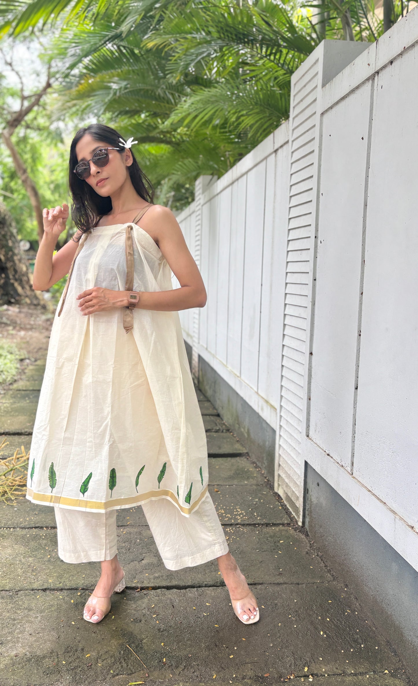 Anokha Strappy Ethnic Flared Long Top & Bottom  -  Leaf Motif Handloom Cotton