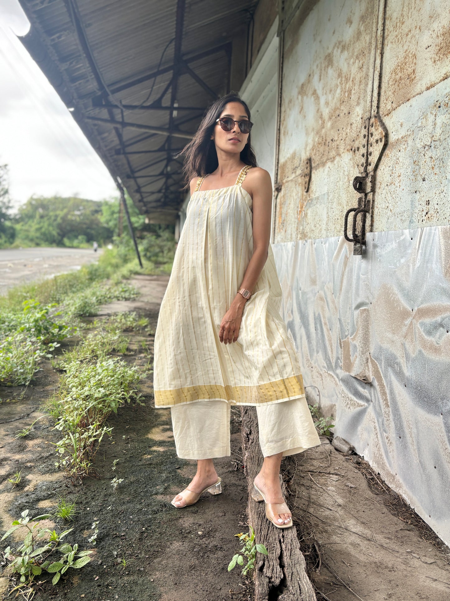 Anokha Strappy Ethnic Flared Long Top & Bottom  -  Golden Striped Handloom Cotton