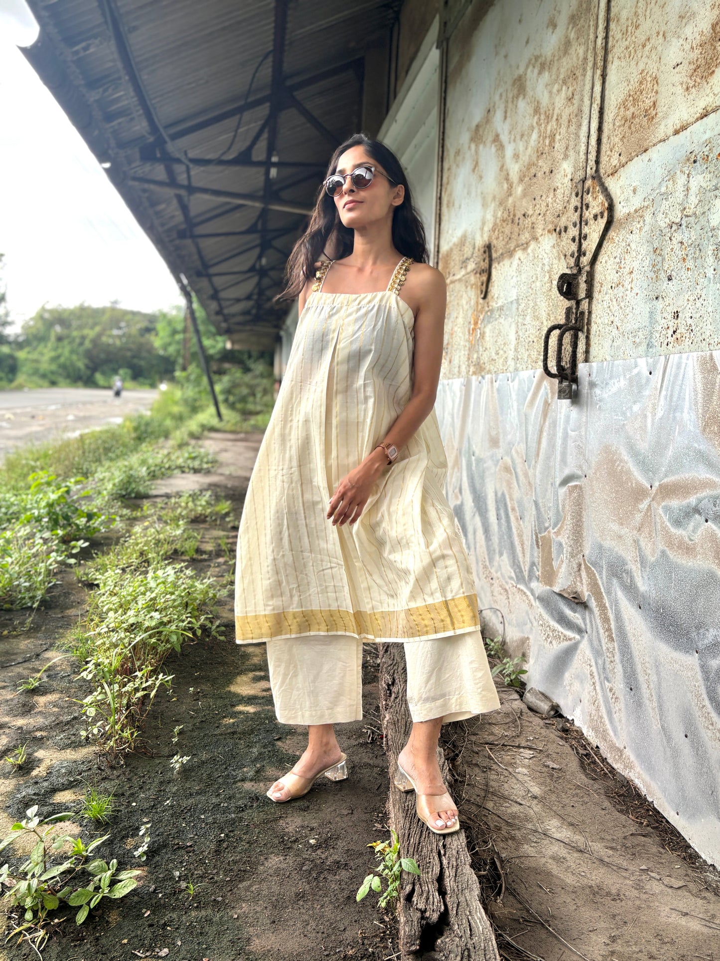 Anokha Strappy Ethnic Flared Long Top & Bottom  -  Golden Striped Handloom Cotton