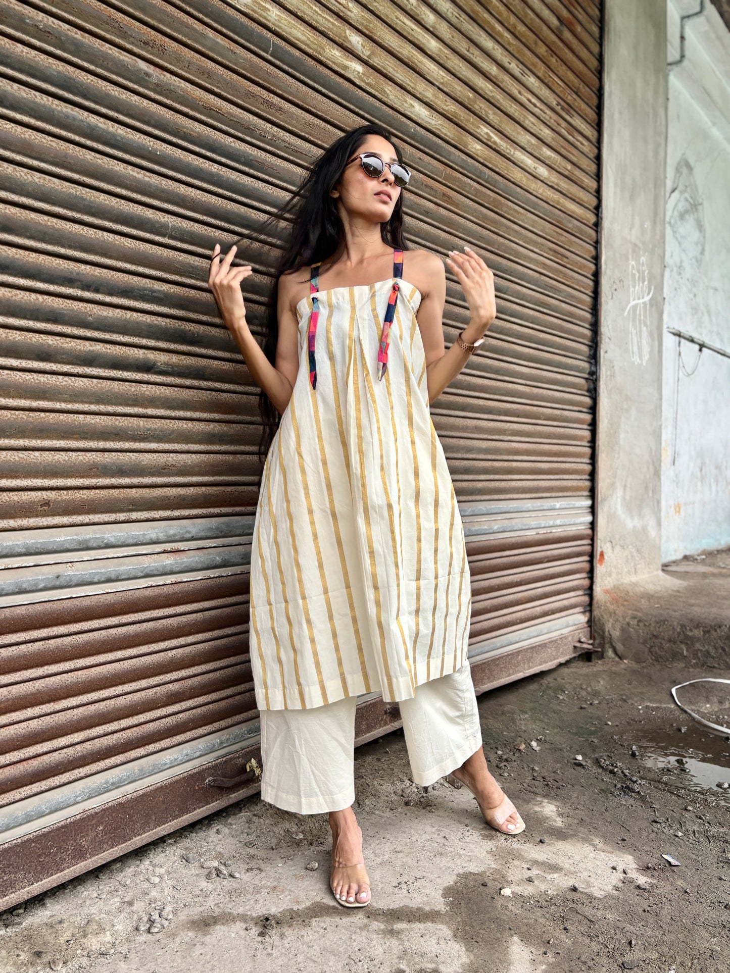 Anokha Strappy Ethnic Flared Long Top & Bottom  - Golden Jacquard  Woven Handloom Cotton