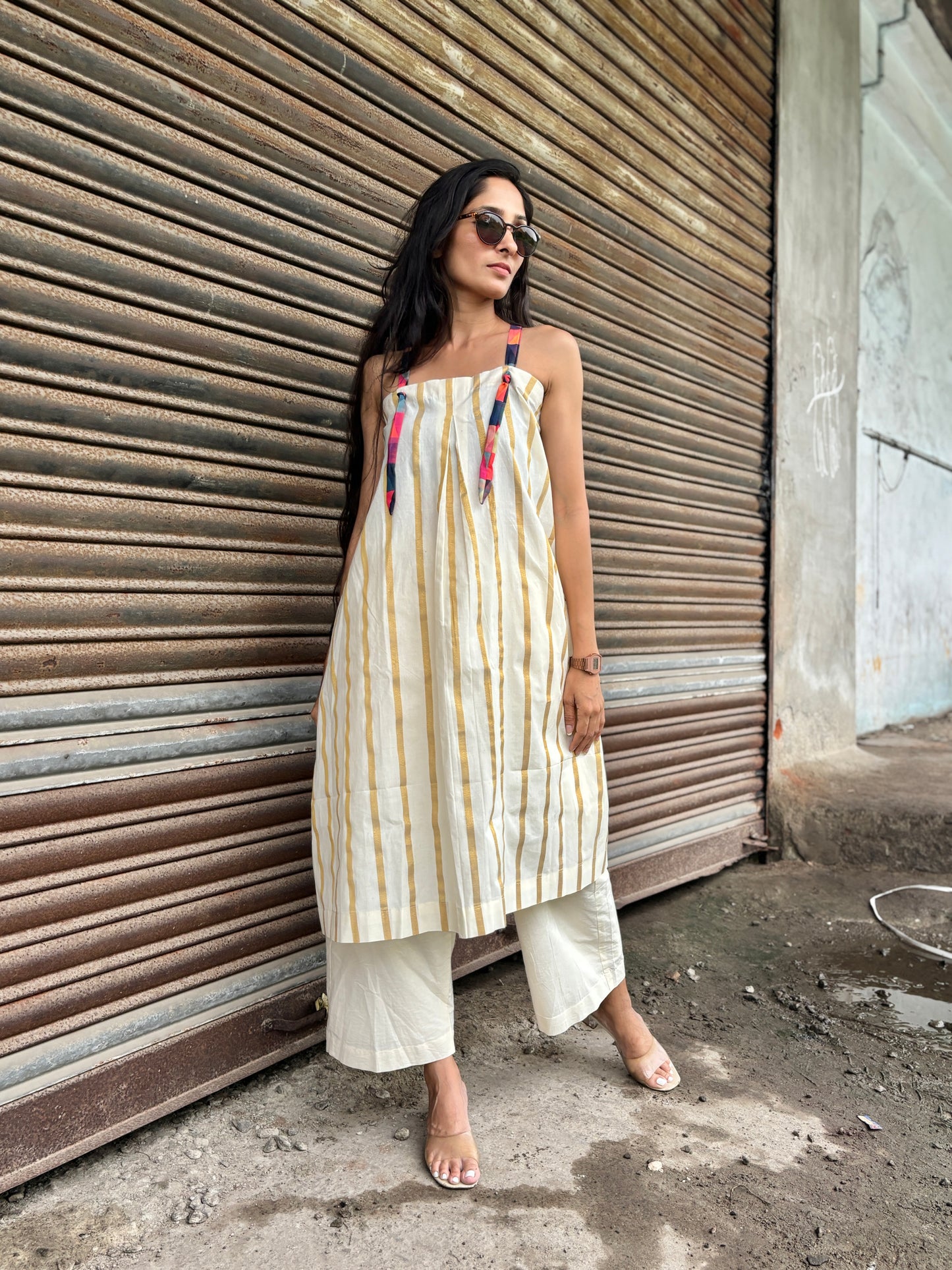 Anokha Strappy Ethnic Flared Long Top & Bottom  - Golden Jacquard  Woven Handloom Cotton