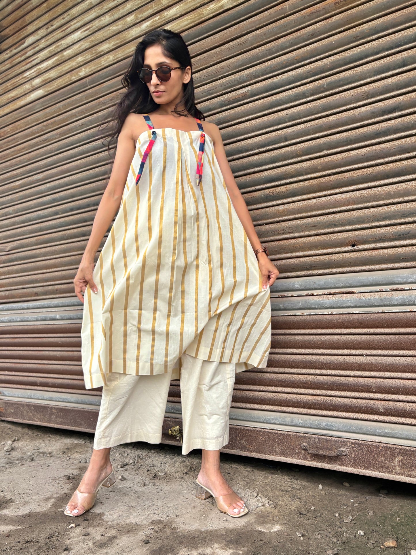 Anokha Strappy Ethnic Flared Long Top & Bottom  - Golden Jacquard  Woven Handloom Cotton