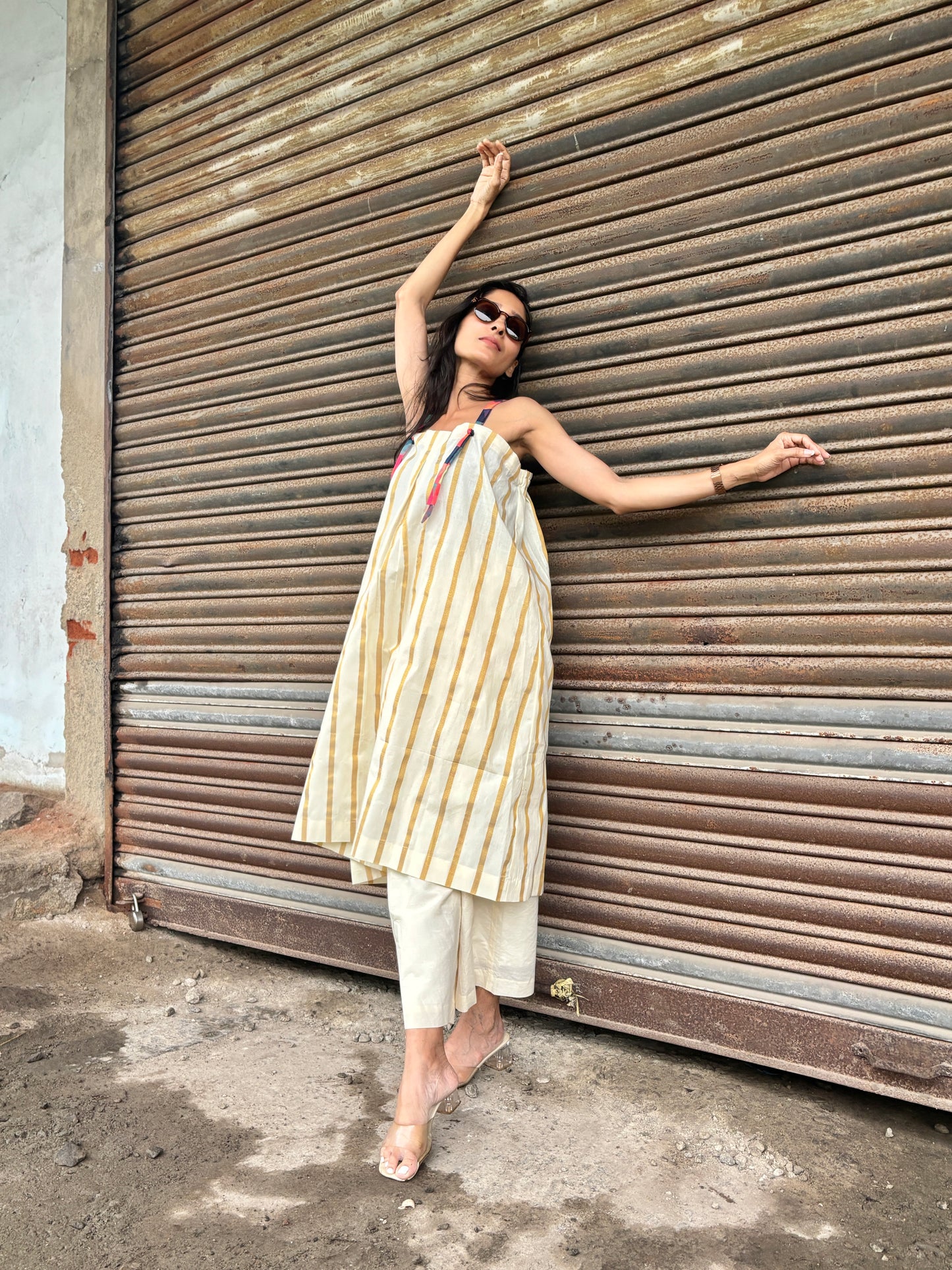 Anokha Strappy Ethnic Flared Long Top & Bottom  - Golden Jacquard  Woven Handloom Cotton