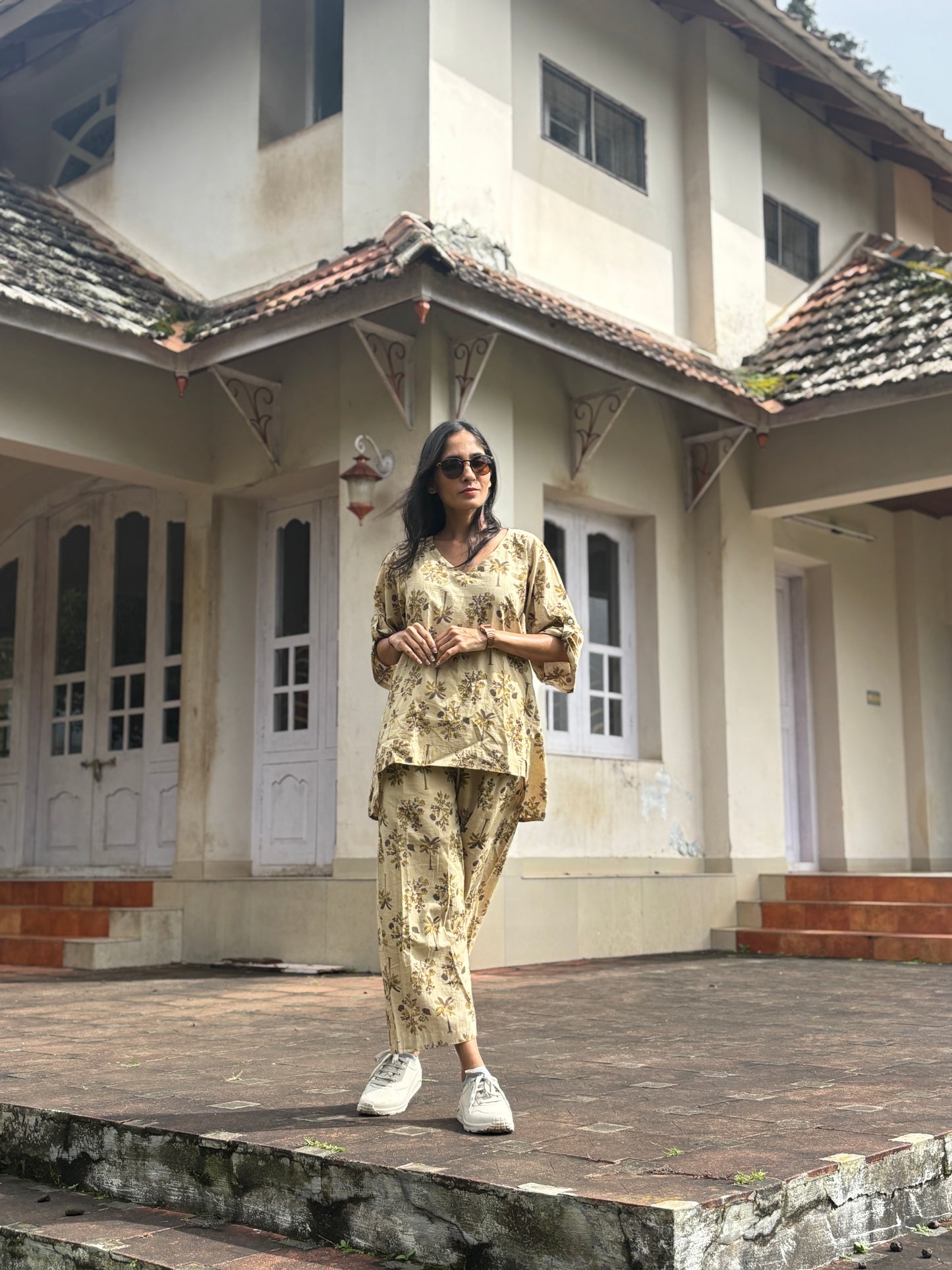 Luxury Short Coord Set - Beige Ajrakh HandBlock