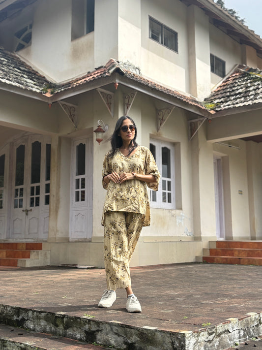 Luxury Short Coord Set - Beige Ajrakh HandBlock