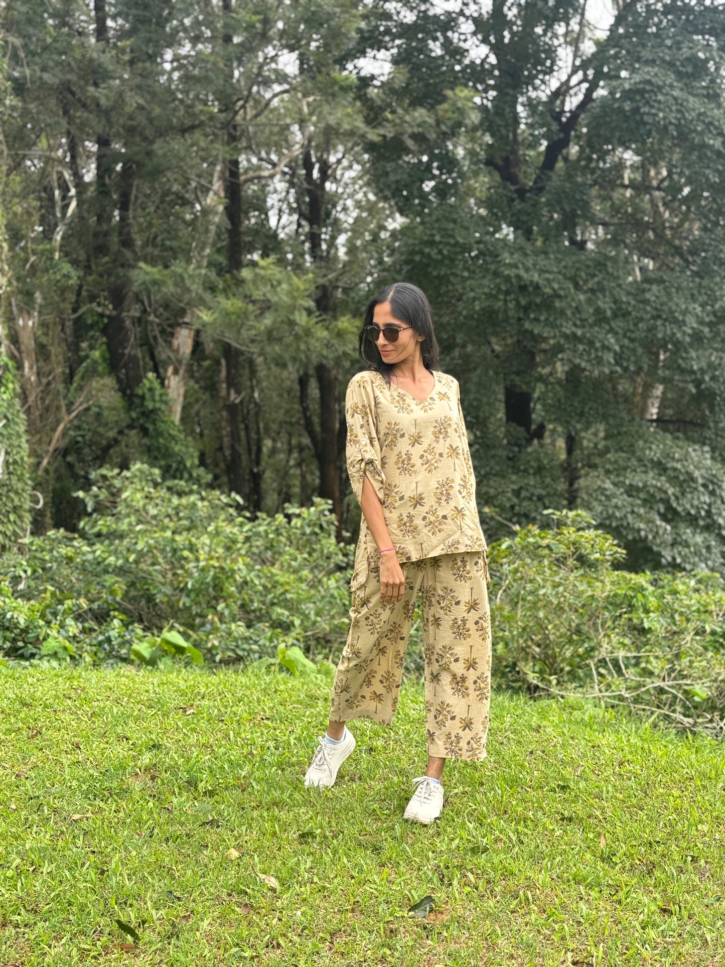 Luxury Short Coord Set - Beige Ajrakh HandBlock