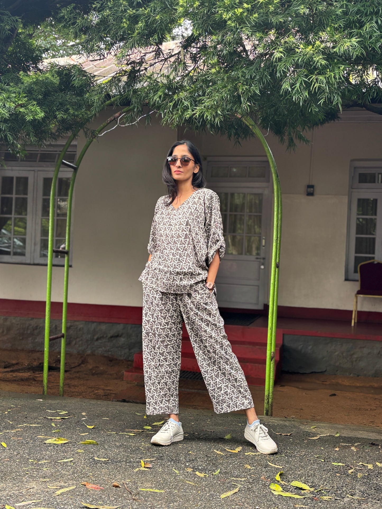 Luxury Short Coord Set - Grey Dabu Print Cotton