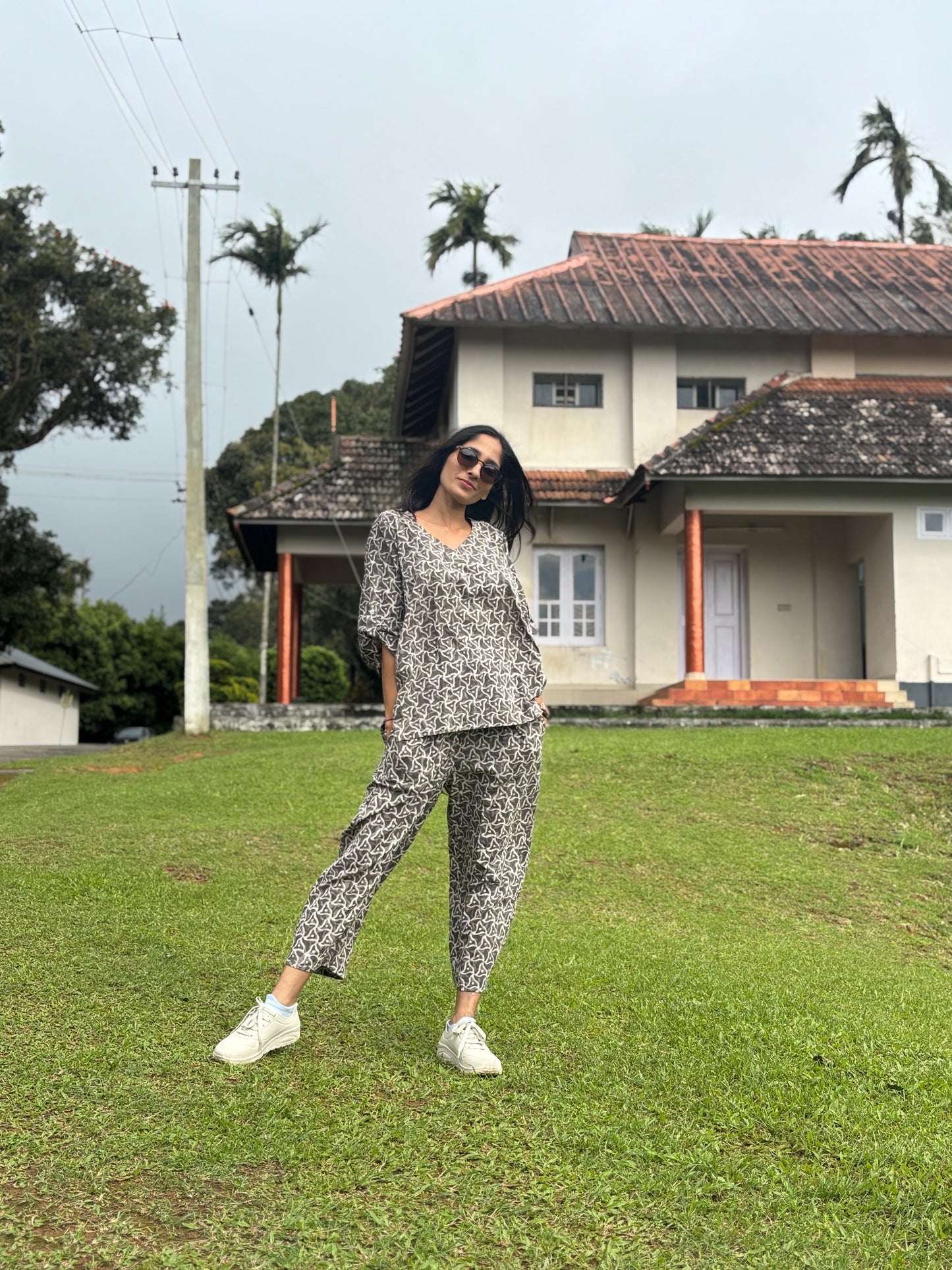 Luxury Short Coord Set - Grey Dabu Print Cotton