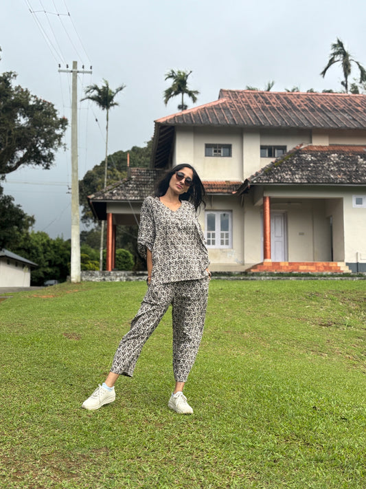 Luxury Short Coord Set - Grey Dabu Print Cotton