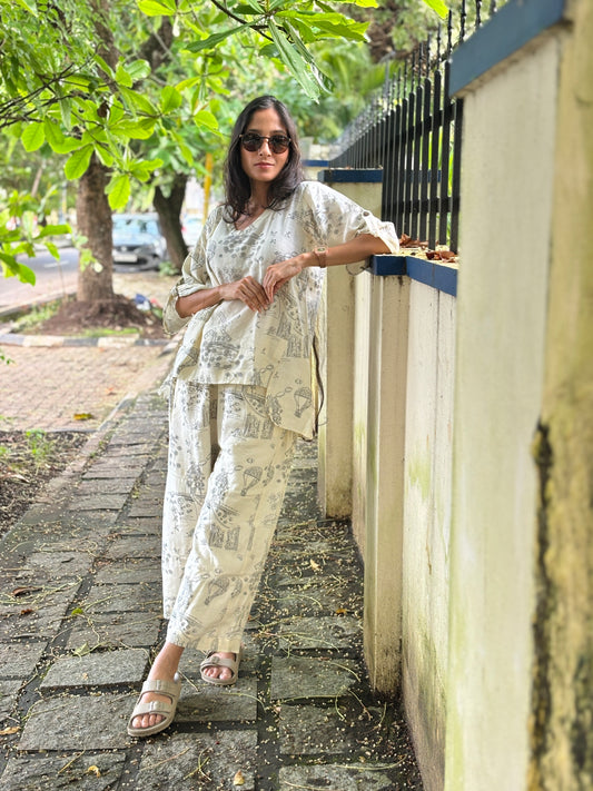 Luxury Short Coord Set - Offwhite Printed Cotton Hemp