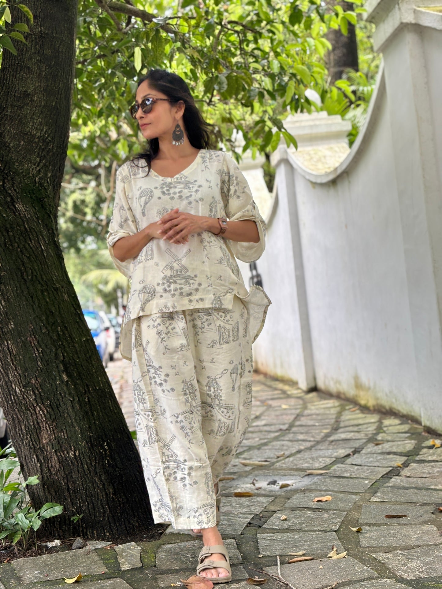 Luxury Short Coord Set - Offwhite Printed Cotton Hemp