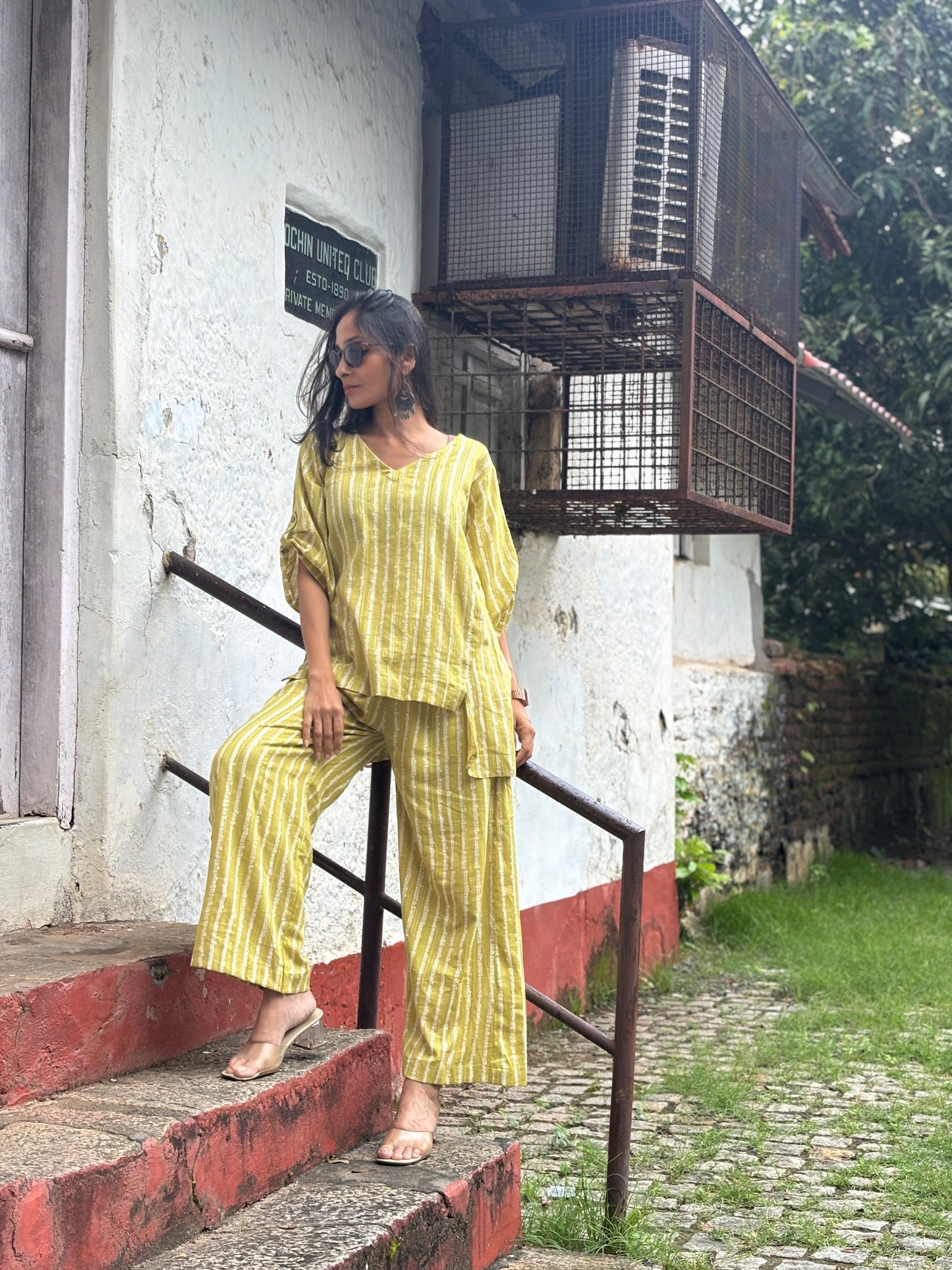 Luxury Short Coord Set -Lemon Green Self Jacquard Geometric Cotton