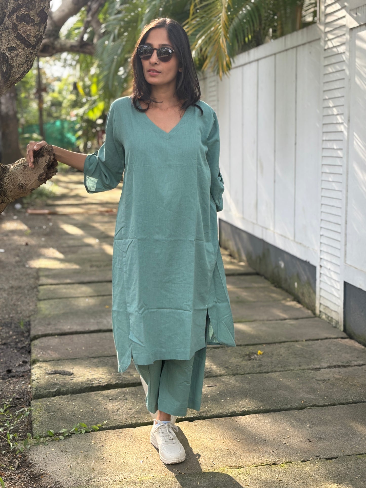 Luxury Long Kurthi Coord Set -Teal Blue Cotton Linen