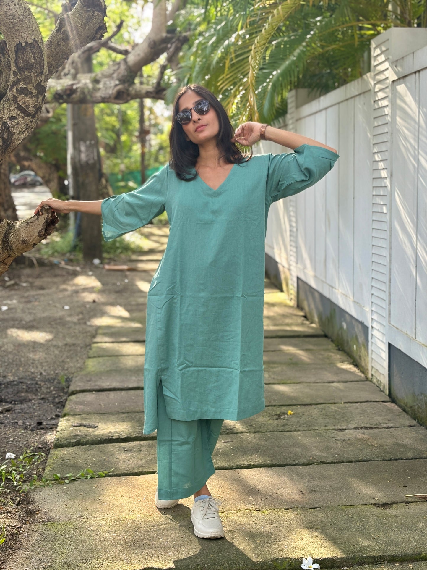 Luxury Long Kurthi Coord Set -Teal Blue Cotton Linen