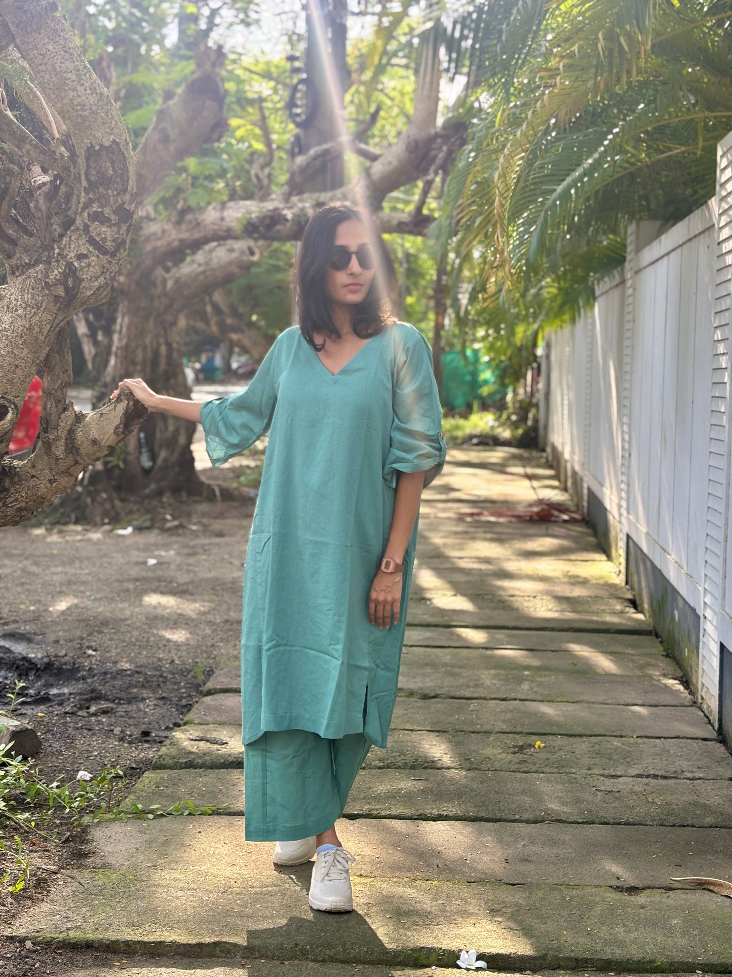 Luxury Long Kurthi Coord Set -Teal Blue Cotton Linen