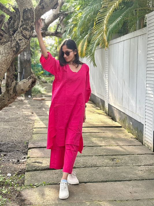 Luxury Long Kurthi Coord Set - Hot Pink Cotton Linen