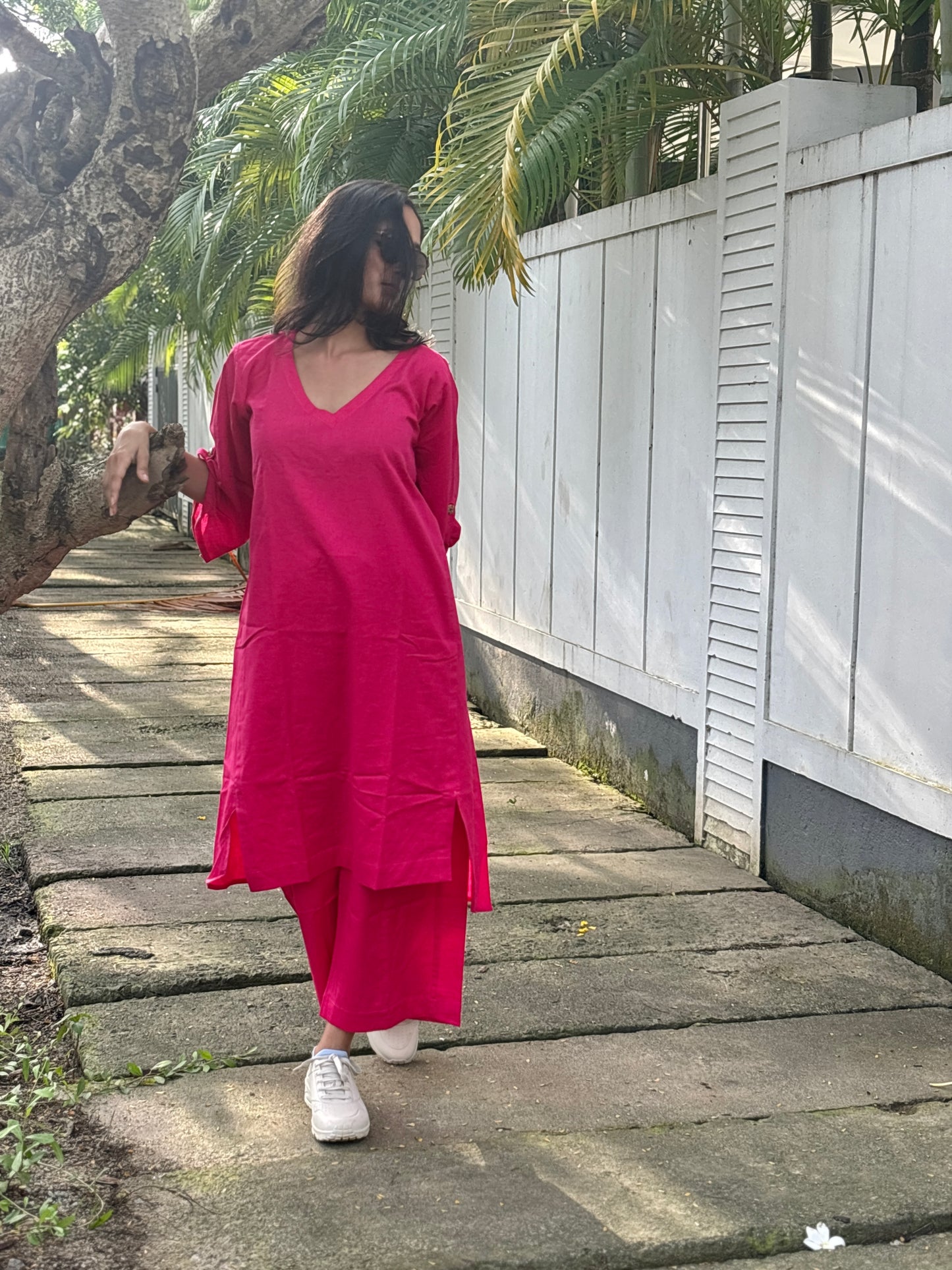 Luxury Long Kurthi Coord Set - Hot Pink Cotton Linen