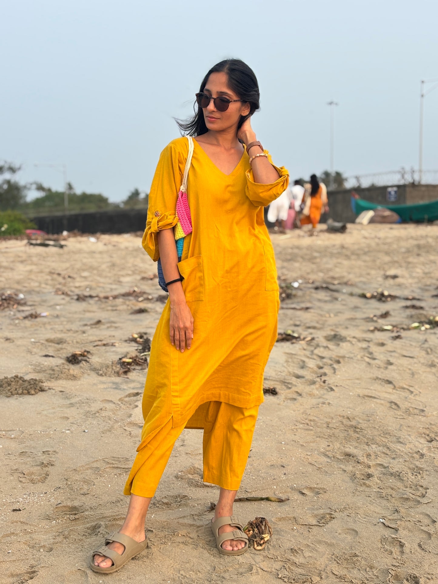 Luxury Long Kurthi Coord Set - Mustard Yellow Cotton Linen