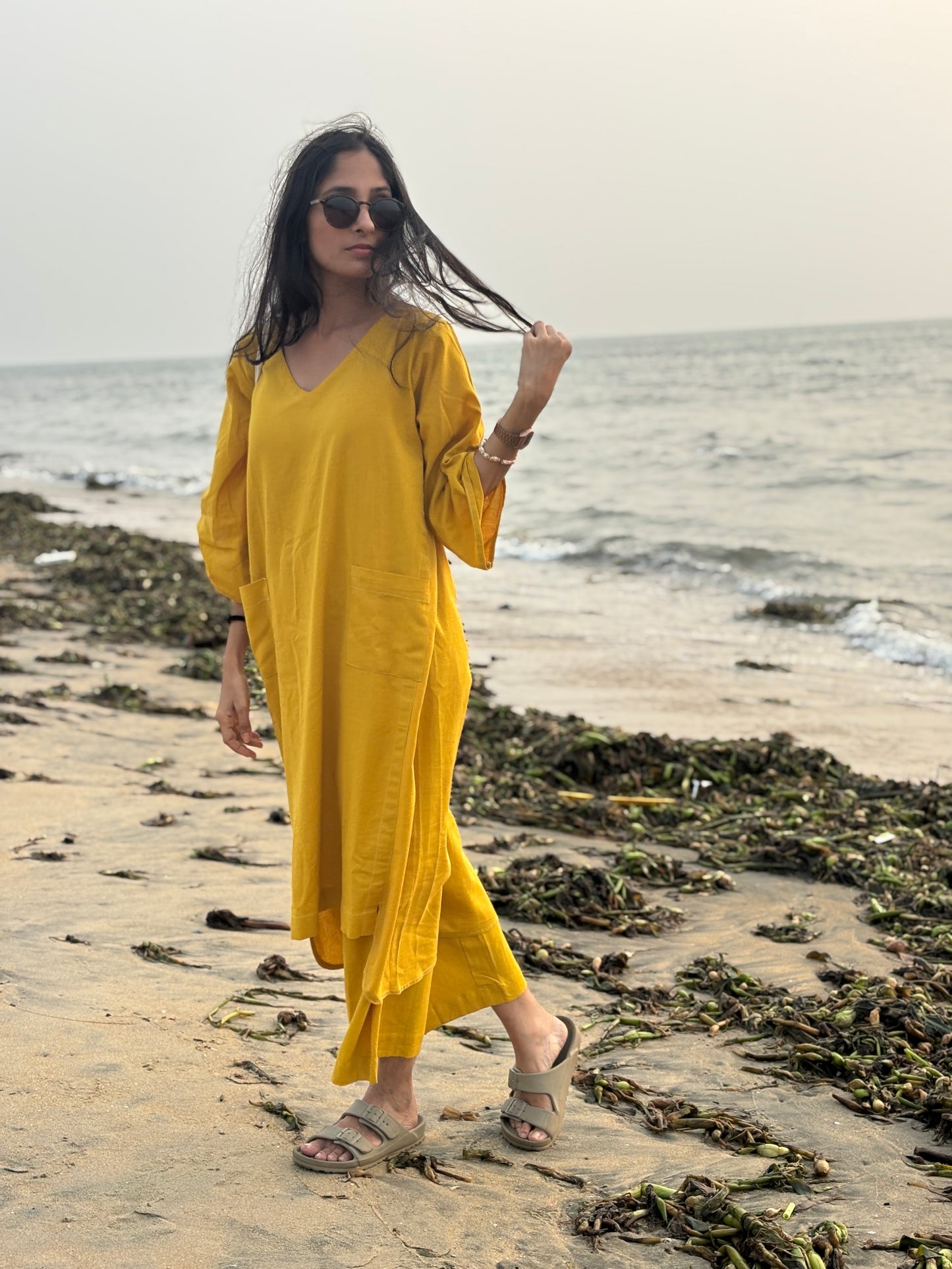 Luxury Long Kurthi Coord Set - Mustard Yellow Cotton Linen