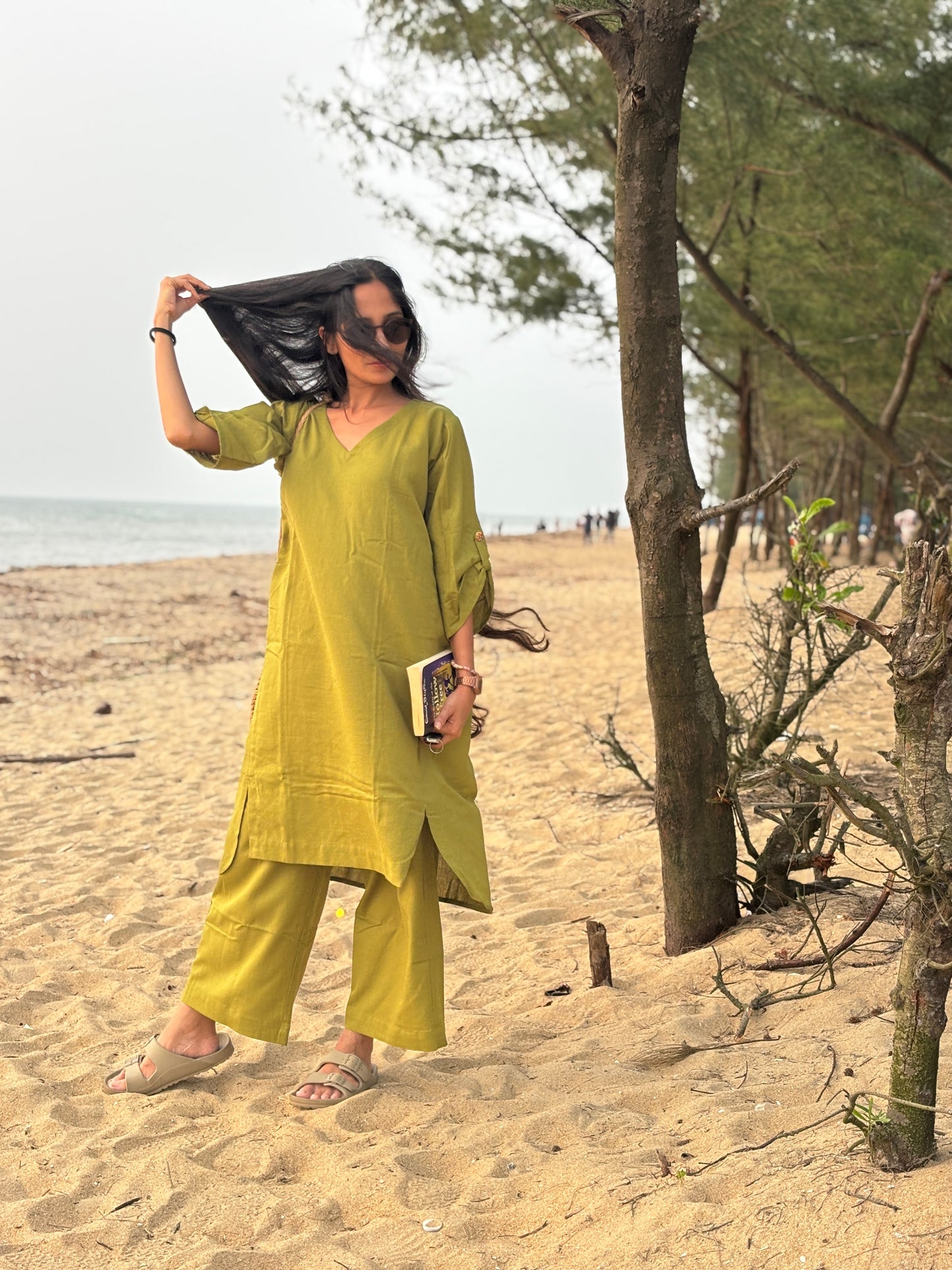 Luxury Long Kurthi Coord Set - Olive Green Cotton Linen