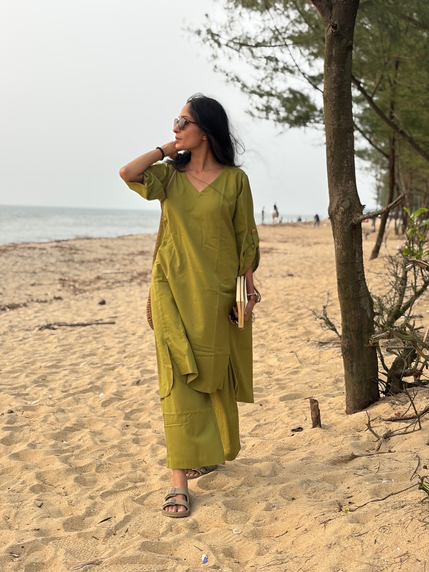Luxury Long Kurthi Coord Set - Olive Green Cotton Linen